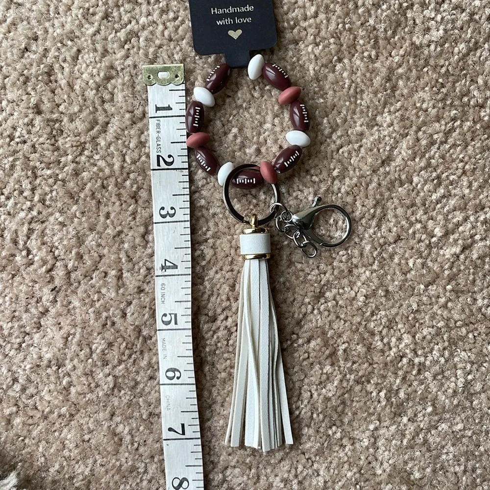 Football Bead Bracelet Wrist Keychain Leather Tassel  Key Ring Bag Accessories